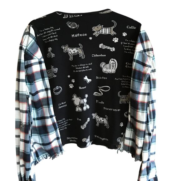 Upcycled Flannel Puppy Print Shirt, Size S-M: Oversized Sweater Top, Fringy Hem - Picture 3 of 13
